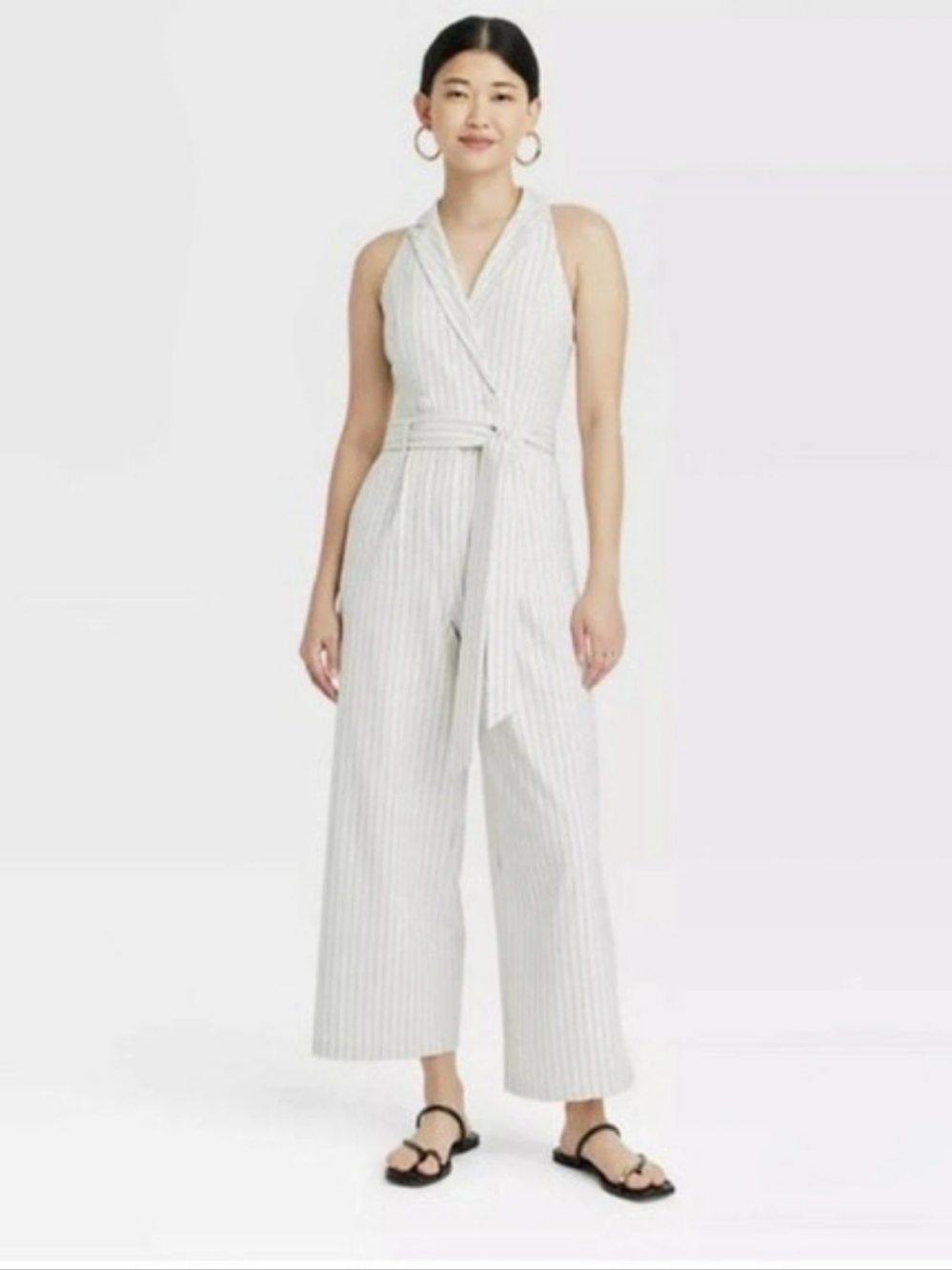Women's V-Neck Double Breasted Wide Leg Striped Jumpsuit White